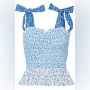 Loveshackfancy Nelson Floral Sweetheart Tie Strap Smocked Tank Top Blue White S